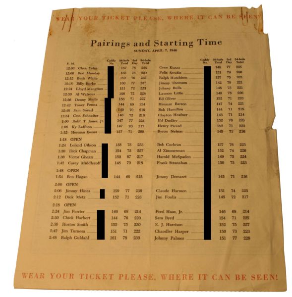 1946 Masters Tournament Sunday Pairing Sheet-*Caddy No. Only blacked out on Image Not on Original