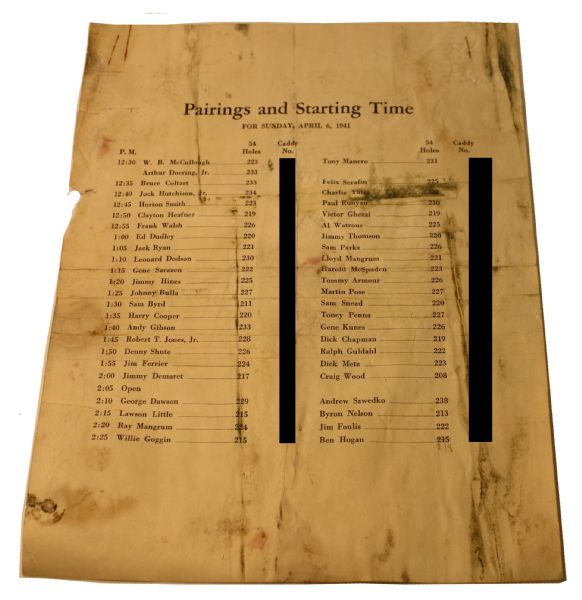 1941 Masters Tournament Sunday Pairing Sheet *Caddy No. Only blacked out on Image NOT on Original