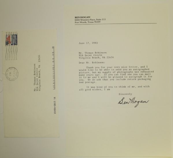 Ben Hogan Signed Letter to Tom Robinson with Envelope - 6/17/1993