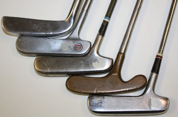 Lot of Five Collectible Putters: Wilson 8803, Wilson Arnold Palmer, Wright & Ditson Cushin Putter, Spalding Cushin Putter, Bullseye John Reuters JR Patent Pending 