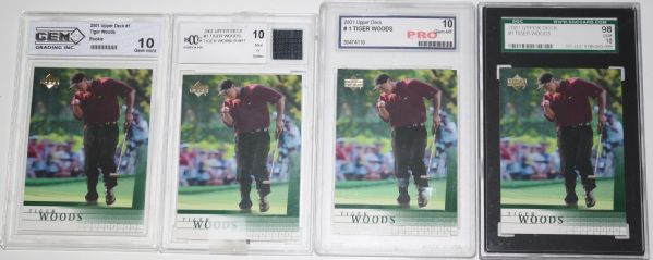 Lot of 4: Graded 10 Tiger Woods Upper Deck Golf Cards - GEM, PRO, SGC, and BCCG