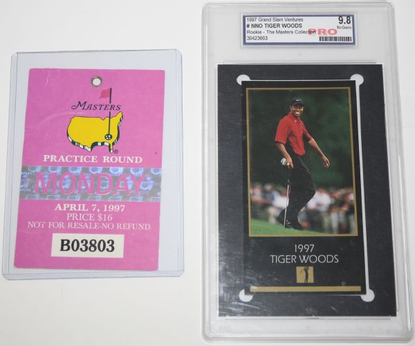 Tiger Woods Grand Slam Ventures Card (Graded 9.8) with Monday 1997 Practice Round Ticket