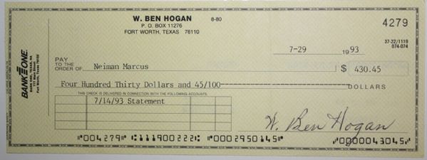 Ben Hogan Signed 1993 Check to Neiman Marcus Company