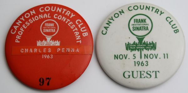 Charley Pennas 1963 Frank Sinatra Invitational Contestant Badge along with Guest Badge 
