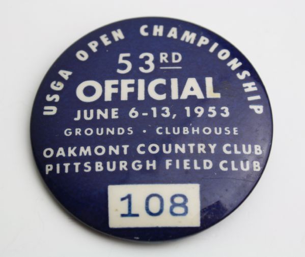 1953 US Open Official Badge #108-Hogans 4th US Open Triumph