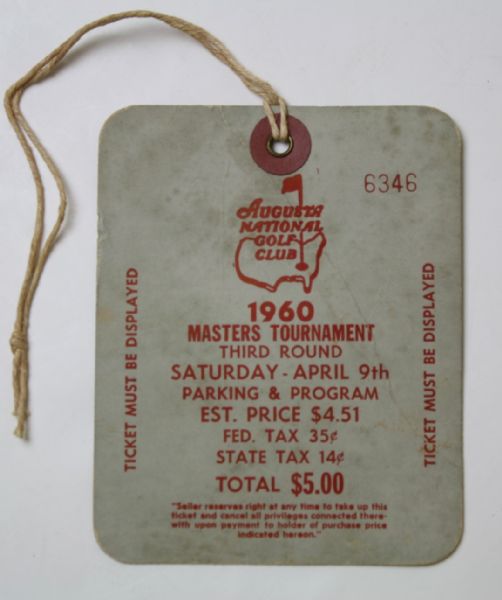 1960 Masters Third Round Ticket - Arnold Palmer Victory