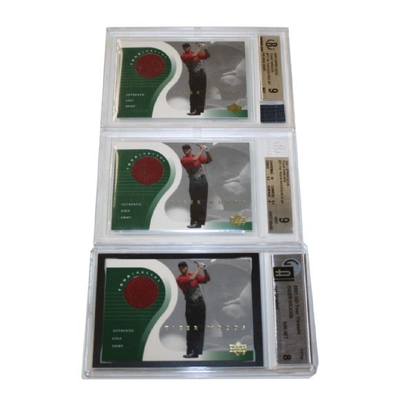 Lot of 3-2001 Upper Deck Tiger Woods Graded(2-9s, 1-8) Tour Threads Swatch Cards 