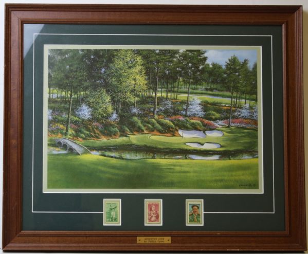 Painting of Augusta Nationals 12th Hole by Phillip Crowe - Includes 3 Stamps in Frame