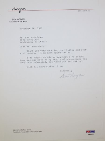 Ben Hogan Signed TLS On Hogan Letterhead w/PSA Cert