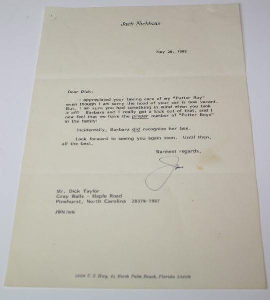 Jack Nicklaus Signed 1985 Letter to Dick Taylor