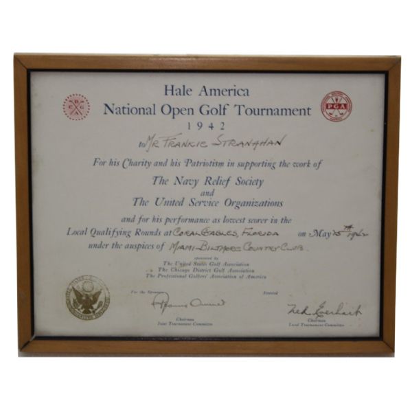 Frank Stranahans 1942 Hale America Low Qualifier Award Signed by Francis Ouimet 