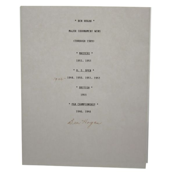 Ben Hogan Signed Major Wins Autograph-With 1942 Open Notation Added-UNIQUE AUTOGRAPH