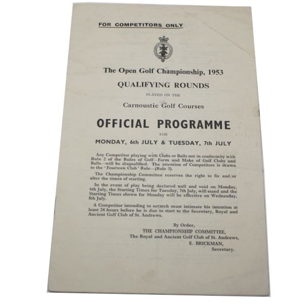 1953 Open Golf Championship Program for Competitors Only - Carnoustie HOGAN win !