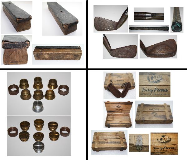 Toney Penna Combination Lot: Oak Knock Block, Wooden Ball Box, Experimental Club, and Club Refinishers