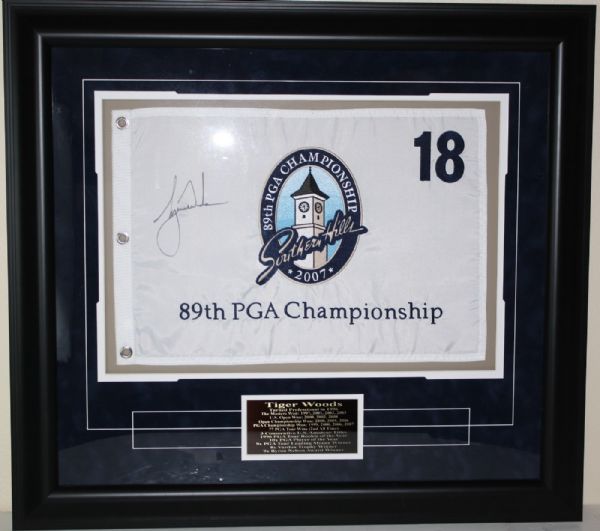 Tiger Woods Signed 2007 PGA Championship Southern Hills Flag - Framed JSA COA