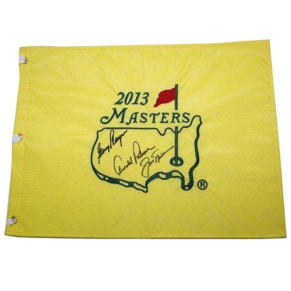 Big 3 Arnie Jack and Gary Signed 2013 Masters Flag JSA COA