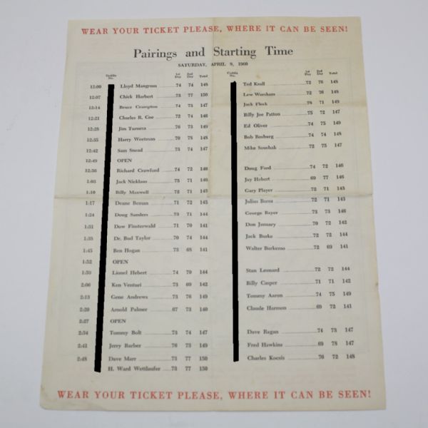 1960 Masters Pairing Sheet - Palmers Second Green Jacket