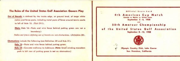 1958 US Amateur Championship and 4th Americas Cup Official Scorecard - Olympic Country Club, California