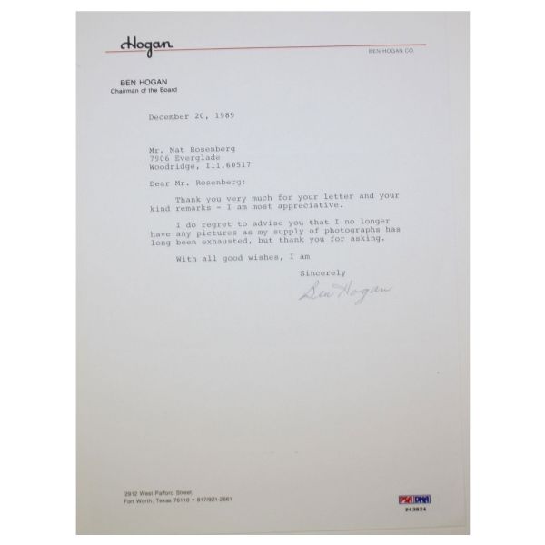 Ben Hogan Signed TLS On Hogan Letterhead w/PSA Cert