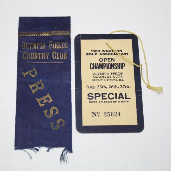 1933 Western Golf Open 2 Item Lot W/ Press Pass and Grounds Pass-Olympia Fields