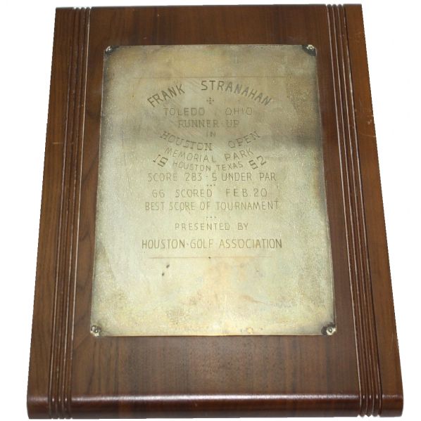 Frank Stranahans 1952 Houston Open Runner-Up Plaque-Jack Burke Wins PGA Event