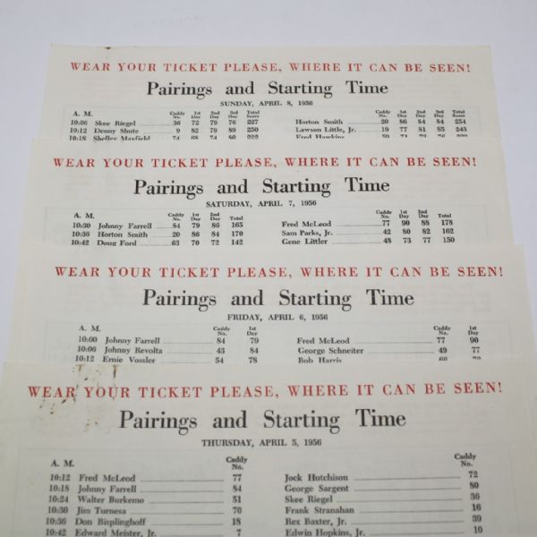Full Set of 1956 Masters Pairing Sheets - April 5-9, 1956