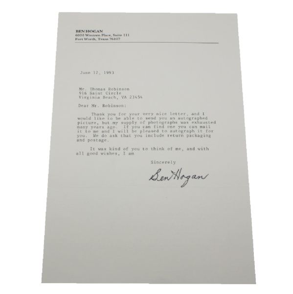 Ben Hogan Signed 1993 Letter - FULL Signature JSA COA