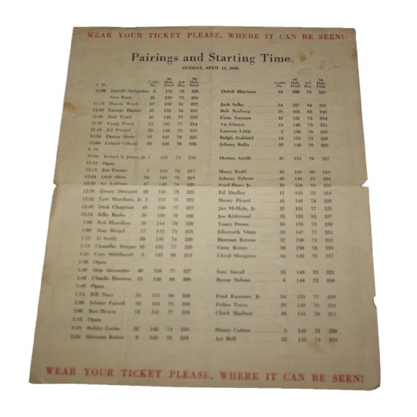 1948 Masters Sunday Pairing Sheet-Bobby Jones Last Round In The Masters