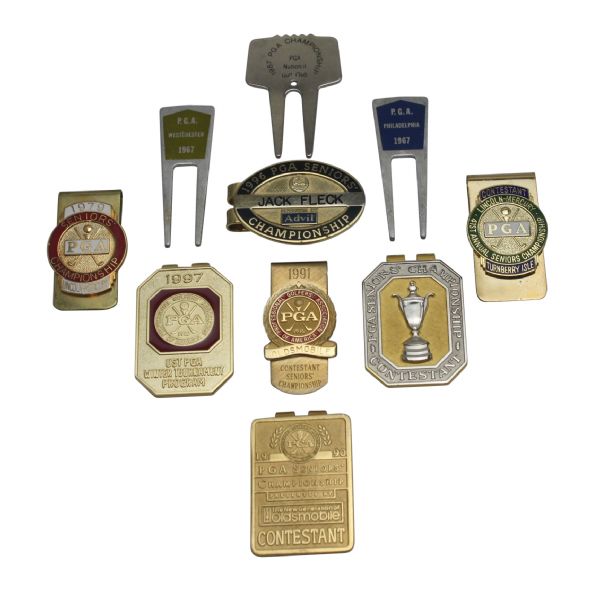Jack Flecks 3 PGA Divot Tools and  7 Senior PGA Champ. Money Clips-Bourne Trophy