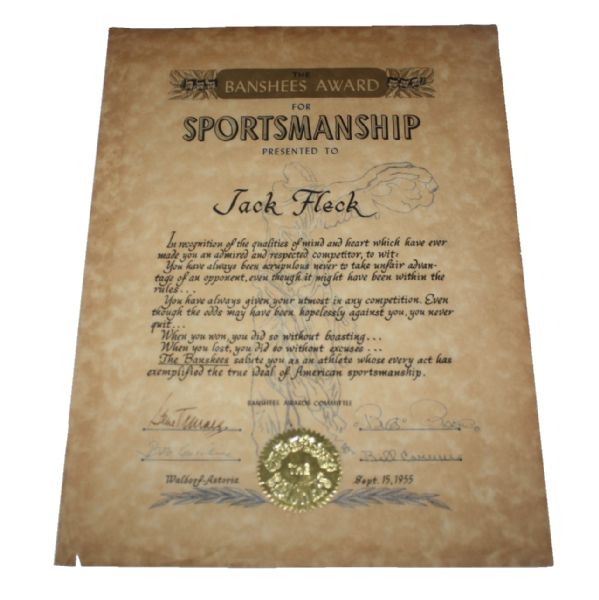 Jack Flecks 55 Banshees Award for Sportsmanship-Signed by HOF Boxer Gene Tunney