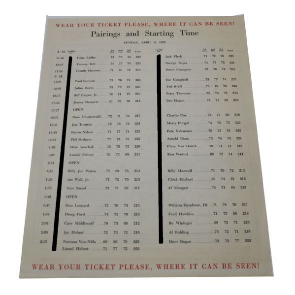 1958 Masters Sunday Pairing Sheet - Palmers First Win@Augusta-Near Mint Condition