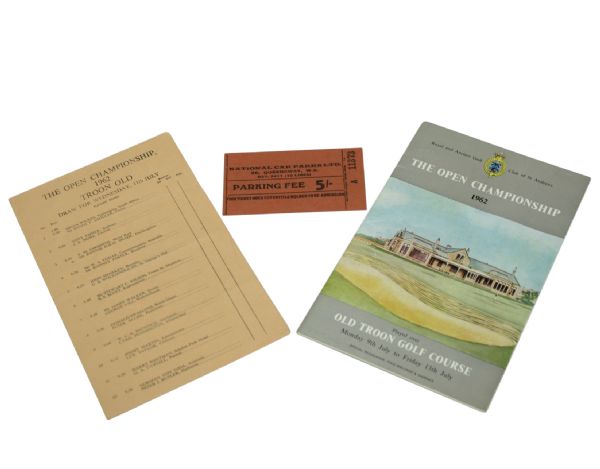 Lot of (3) 1962 British Open Items: Program, Pairing Sheet, & Parking Pass-Palmer Win