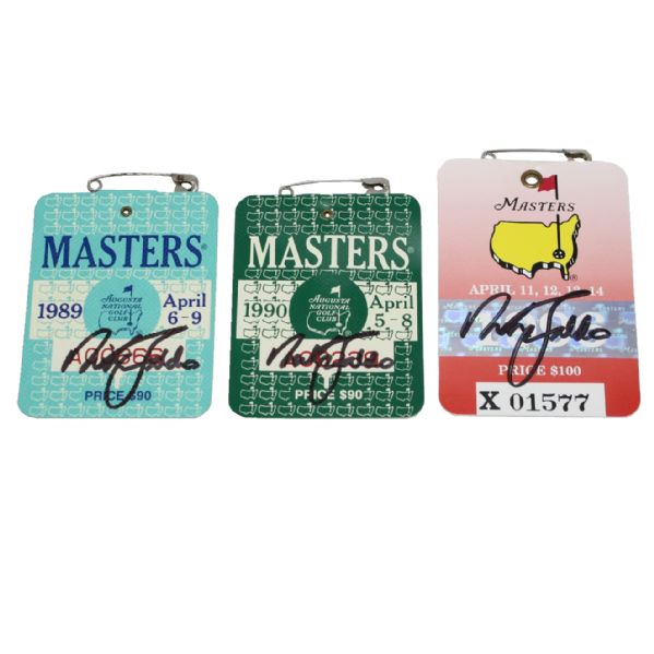 Nick Faldo Signed 1989, 1990, and 1996 Masters Badges JSA COA