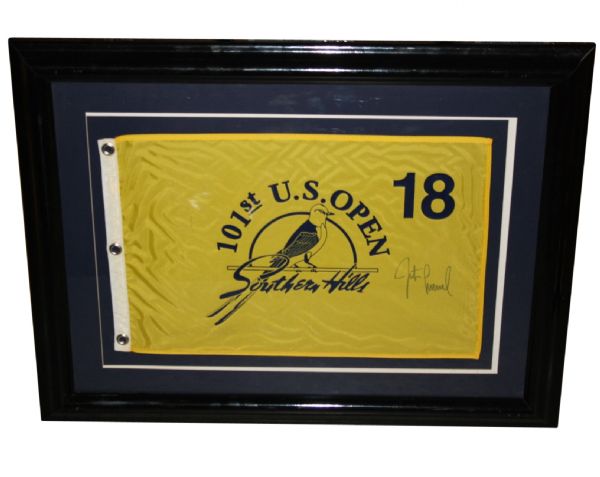 Framed Justin Leonard Signed Southern Hills US Open Flag JSA COA