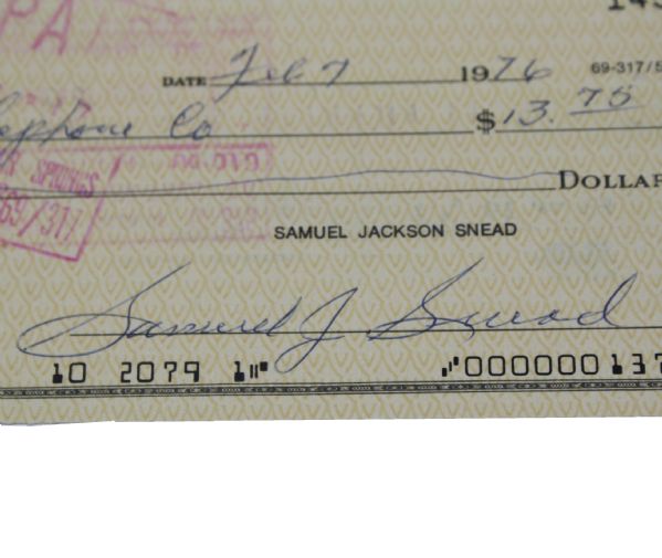 Samuel Jackson Snead Signed Personal Check JSA COA