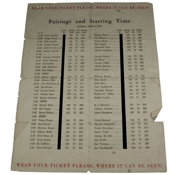 1947 Masters Sunday Pairing Sheet - Jimmy Demaret 2nd Masters Win