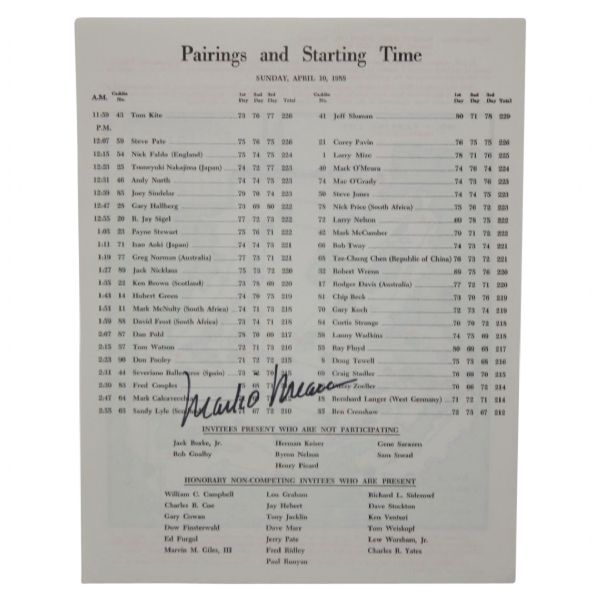 Mark OMeara Signed Masters 1988 Sunday Pairing Sheet JSA COA
