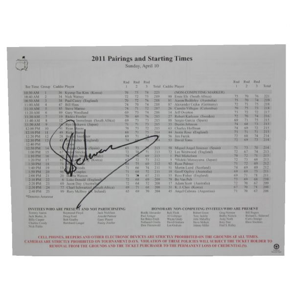 Charl Schwartzel Signed Masters 2011 Sunday Pairing Sheet JSA COA