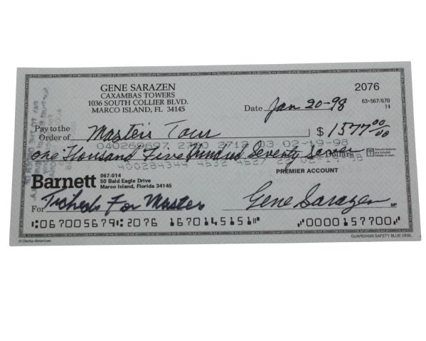 Gene Sarazen Personal Check To Masters Tournament for Tickets JSA COA