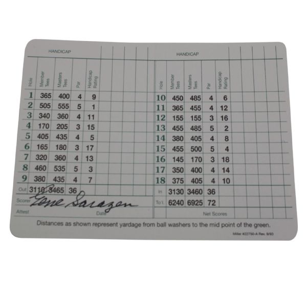 Gene Sarazen Signed Augusta National Scorecard - Mint JSA COA