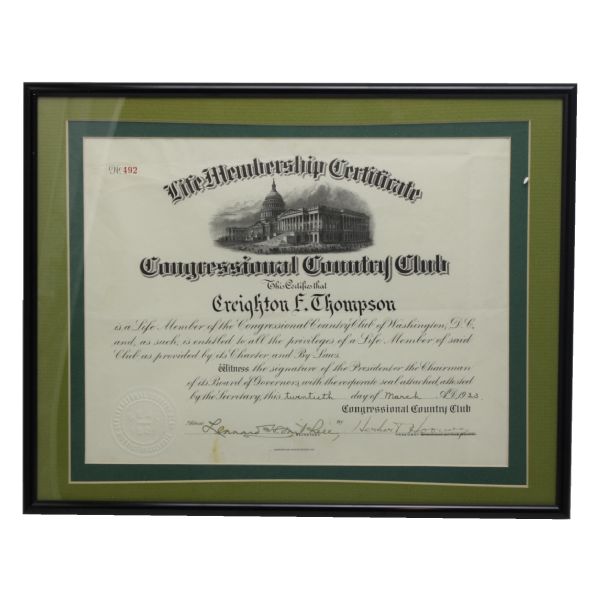1923 Congressional C.C. Membership Certificate Signed by Herbert Hoover - Rare JSA COA