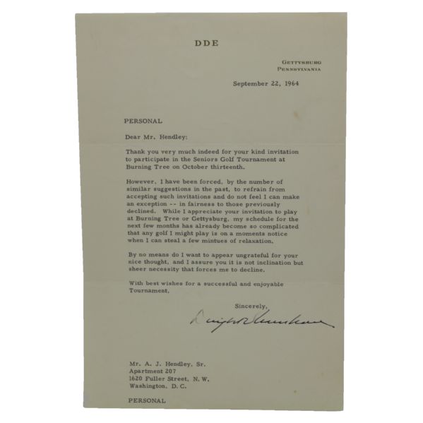 1964 Dated TLS Quarto Dwight Eisenhower  w/Golf Content-Bold Signature-JSA COA