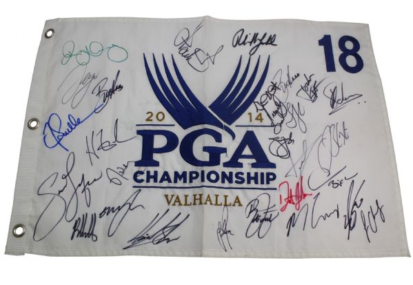 2014 White Embroidered Valhalla PGA Flag signed by 27 stars including RORY, PHIL, RICKIE JSA COA