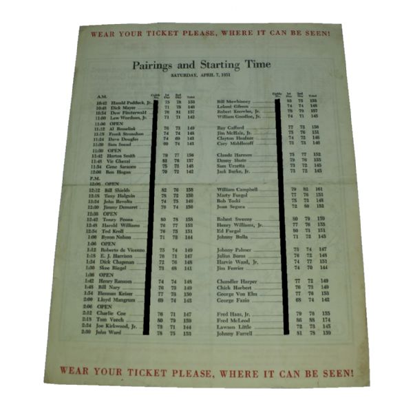 1951 Masters Tournament Saturday Pairing Sheet - Hogan Victory