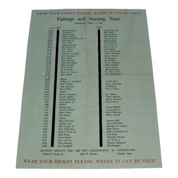 1958 Masters Tournament Thursday Pairing Sheet - Palmers 1st Masters Win