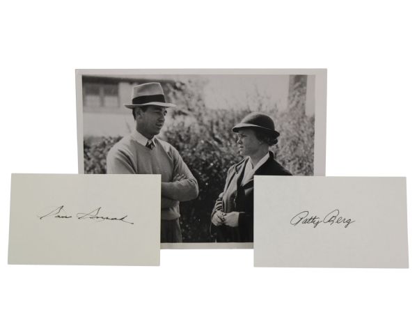 Sam Snead and Patty Berg Signed 3x5 Cards w/1939 Vintage Pinehurst Wire Photo JSA COA 