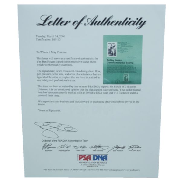 Ben Hogan Signed 'Bobby Jones Commemorative Stamp' Sheet PSA #E60163