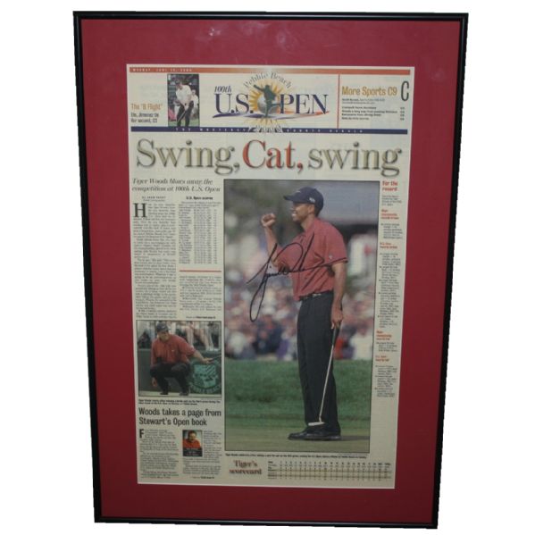 Tiger Woods Signed The Herald - US Open Victory 2000 - Fist Pump