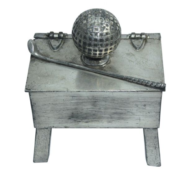 Early 1900’s Silver Plated Sand Tee Box on Stand & Adorned by Club & Mesh Golf Ball
