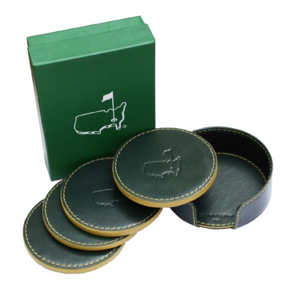Set of Four Green and Yellow Genuine Leather Trafalgar Undated Coasters